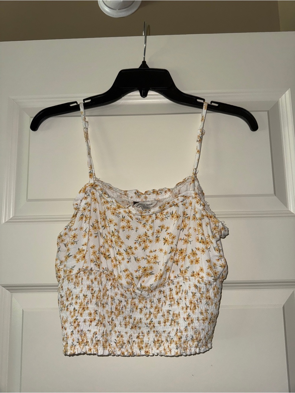 American Eagle Outfitters White Floral Smocked Cami with Yellow Daisies